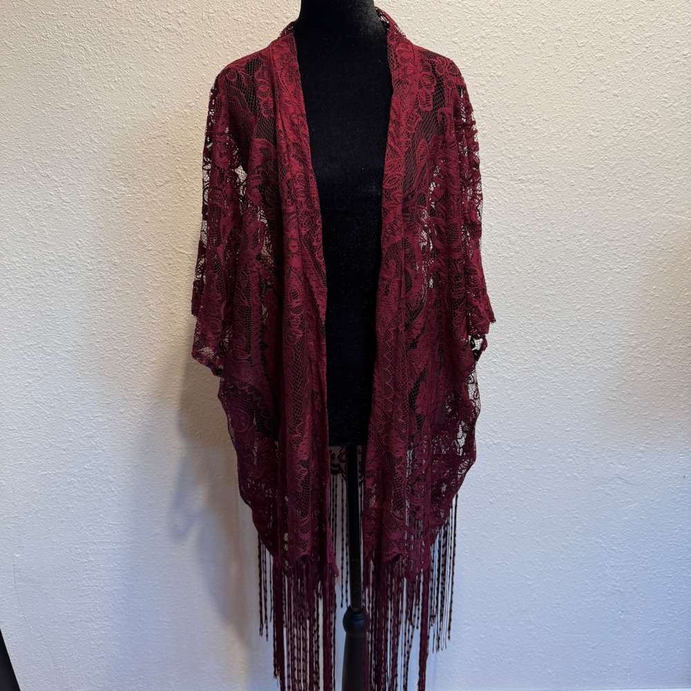 Emerette Womens XL Burgundy Floral Lace Fringe Kimono Wrap HJ-10047 Open Front